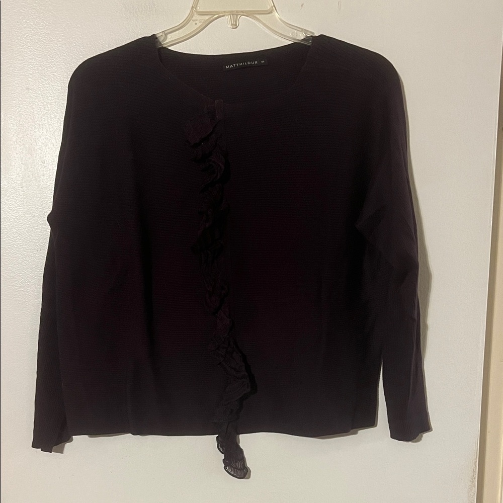 Matthildur deep purple round neck ribbed sweater with front ruffle detail